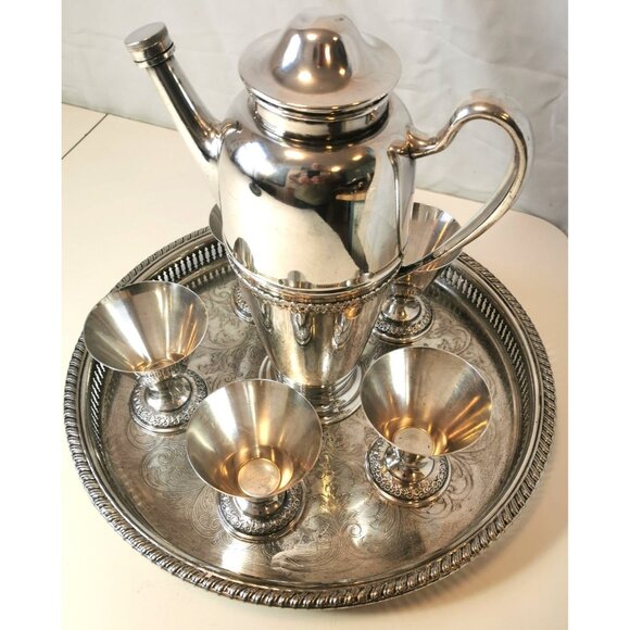 1847 Rogers Bros Wine Decanter  Goblet Set of  7 pieces on Silver Plated Tray - Picture 4 of 16